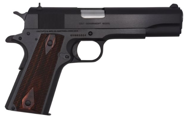 Picture of Colt Mfg 1911 Government 45 Acp Caliber With 5" National Match Barrel, 7+1 Capacity, Blued Finish Steel Frame, Serrated Slide & Double Diamond Checkered Rosewood Grip 