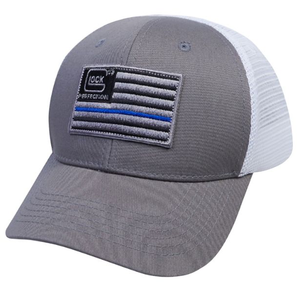 Picture of Glock Blue Line Flag Mesh Snapback Hat Gray/White W/Thin Blue Line Flag Woven Patch 