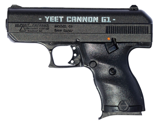 Picture of Hi-Point Yeet Cannon G1 9Mm Luger Caliber With 3.50" Barrel, 8+1 Capacity, Overall Black Finish, Serrated Steel Engraved Slide & Polymer Grip 