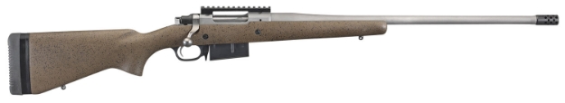 Picture of Ruger Hawkeye Long-Range Hunter 6.5 Prc 3+1 22" Threaded Barrel With Radial-Port Muzzle Brake, Hawkeye Matte Stainless Steel, Speckled Brown/Black Laminate Target Stock, Optics Ready 