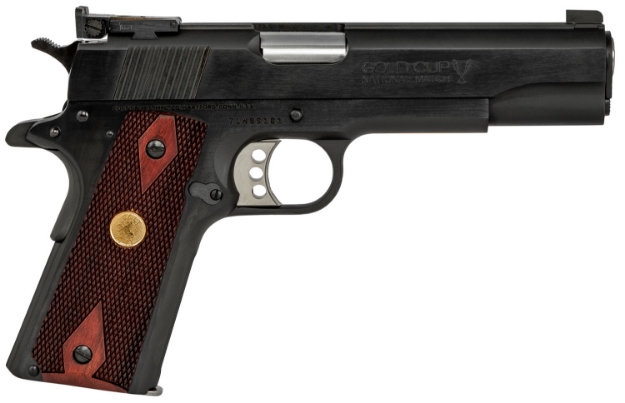 Picture of Colt Mfg 1911 Gold Cup 38 Super Caliber With 5" National Match Barrel, 9+1 Capacity, Overall Blued Finish Steel, Serrated Slide & Double Diamond Checkered Rosewood Grip 