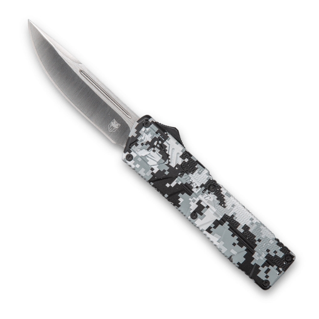 Picture of Cobratec Knives Lightweight 3.25" Otf Drop Point Plain D2 Steel Blade/Winter Digi Camo Aluminum Handle Includes Pocket Clip 