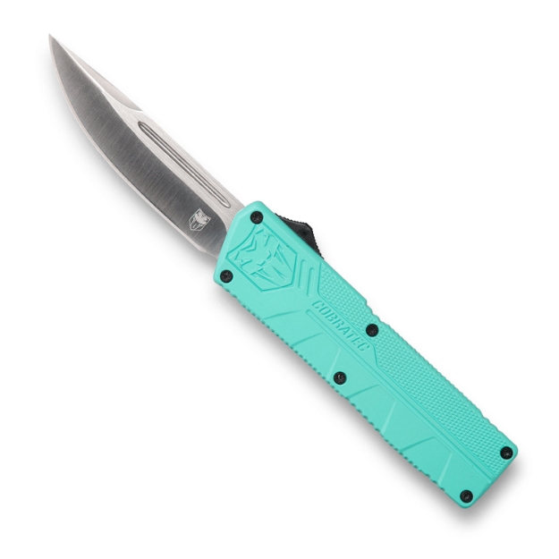 Picture of Cobratec Knives Lightweight 3.25" Otf Drop Point Plain D2 Steel Blade/Tiffany Blue Aluminum Handle Includes Pocket Clip 