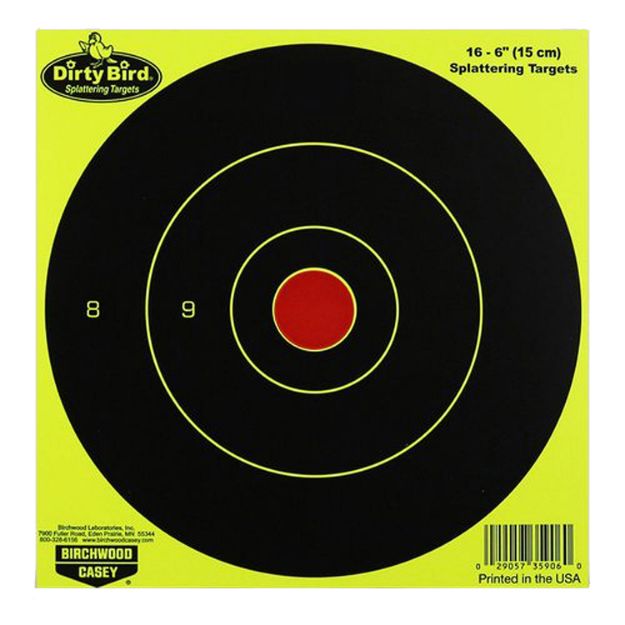 Picture of Birchwood Casey Dirty Bird 6" Bullseye Paper Hanging Pistol/Rifle Black/Yellow 16 Per Pkg 