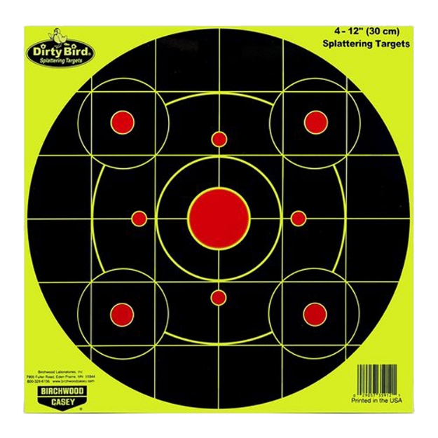 Picture of Birchwood Casey Dirty Bird Sight-In 12" Bullseye Paper Hanging Pistol/Rifle Black/Yellow 25 Per Pkg 