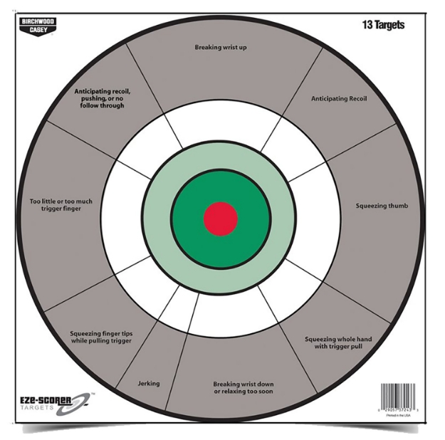 Picture of Birchwood Casey Eze-Scorer Handgun Trainer 12" Bullseye Paper Hanging Gray/White 13 Per Pkg 