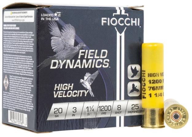 Picture of Fiocchi Field Dynamics High Velocity 20 Gauge 3" 1 1/4 Oz 1200 Fps 8 Shot 25 Bx/10 Cs 