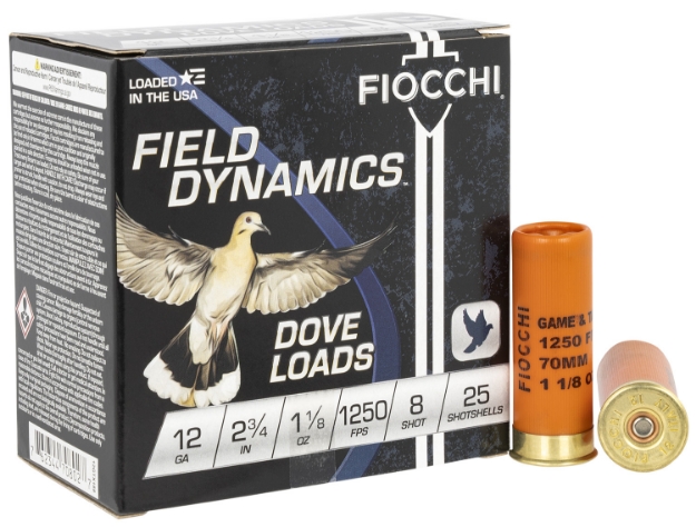 Picture of Fiocchi Field Dynamics Dove & Quail 12 Gauge 2.75" 1 1/8 Oz 1250 Fps 8 Shot 25 Bx/10 Cs 