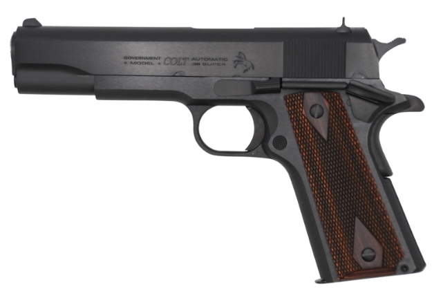 Picture of Colt Mfg 1911 Government 38 Super Caliber With 5" National Match Barrel, 9+1 Capacity, Overall Blued Steel, Serrated Slide, Checkered Black Cherry G10 Grip & 70 Series Firing System 