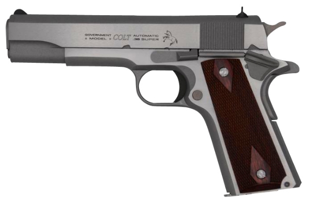 Picture of Colt Mfg 1911 Government 38 Super Caliber With 5" National Match Barrel, 9+1 Capacity, Overall Stainless Steel Finish, Serrated Slide, Black Rubber Grip & 70 Series Firing System 