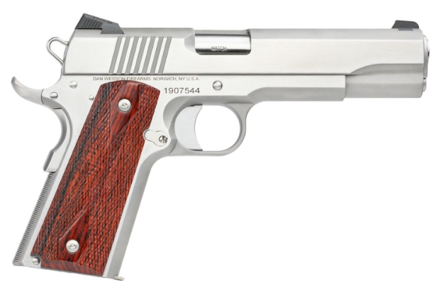 Picture of Dan Wesson Razorback 10Mm Auto Caliber With 5" Match Grade Barrel, 8+1 Capacity, Overall Stainless Steel Finish, Beavertail Frame, Serrated Brushed Slide & Cocobolo Grip 