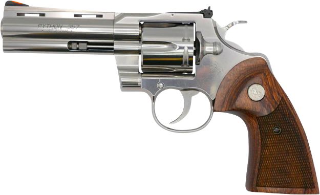 Picture of Colt Mfg Python 357 Mag Caliber With 4.25" Vent Rib Barrel, 6Rd Capacity Cylinder, Overall Semi-Bright Stainless Steel Finish & Walnut Target Grip 