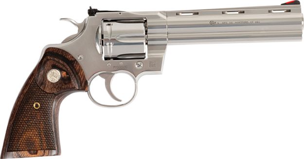 Picture of Colt Mfg Python 357 Mag Caliber With 6" Vent Rib Barrel, 6Rd Capacity Cylinder, Overall Semi-Bright Stainless Steel Finish & Walnut Target Grip 