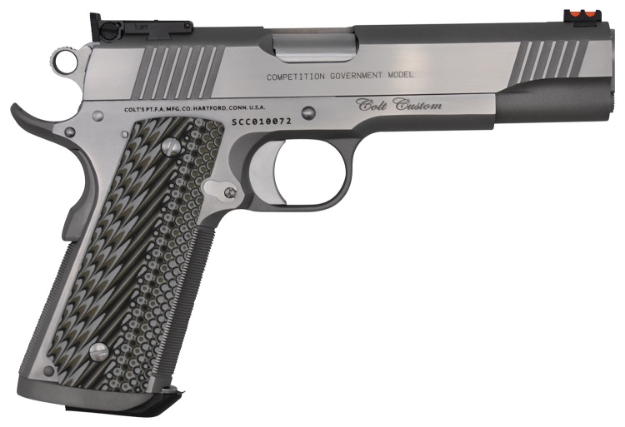 Picture of Colt Mfg 1911 Custom Competition 38 Super Caliber With 5" National Match Barrel, 9+1 Capacity, Overall Brushed Stainless Steel Finish, Serrated Slide, Black G10 Grip & 70 Series Firing System 