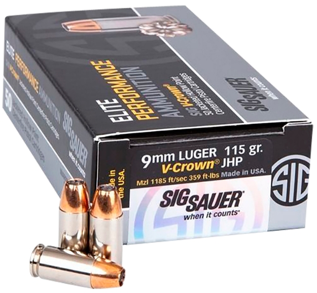 Picture of Sig Sauer Match Elite Competition 9Mm Luger 115 Gr 1185 Fps V-Crown Jacketed Hollow Point (Vjhp) 50 Bx/10 Cs 