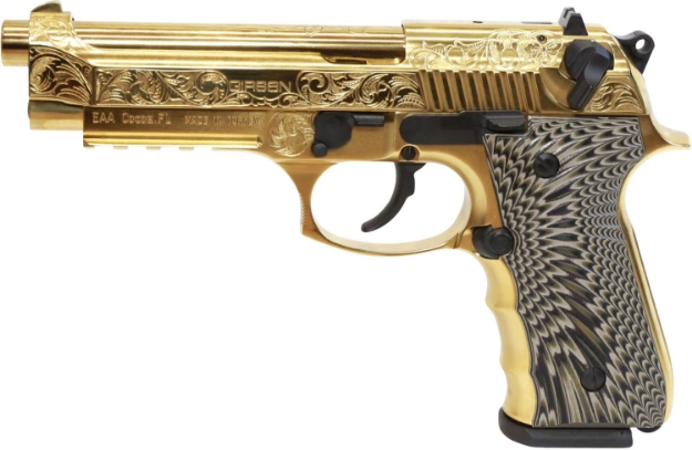 Picture of Girsan Regard Mc Deluxe 9Mm Luger 4.90" 18+1 Overall Gold Plated Finish With Serrated Engraved Steel Slide, Finger Grooved G10 Grip & Picatinny Rail 