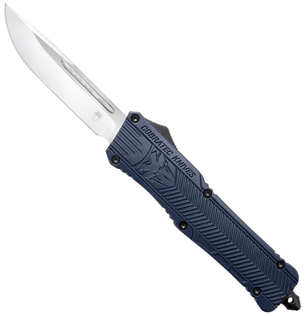 Picture of Cobratec Knives Ctk-1 Large 3.75" Otf Drop Point Plain D2 Steel Blade/Nypd Blue Aluminum Handle Features Glass Breaker Includes Pocket Clip 