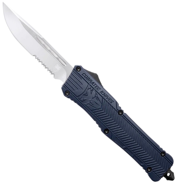 Picture of Cobratec Knives Ctk-1 Large 3.75" Otf Drop Point Part Serrated D2 Steel Blade/ Nypd Blue Aluminum Handle Features Glass Breaker Includes Pocket Clip 