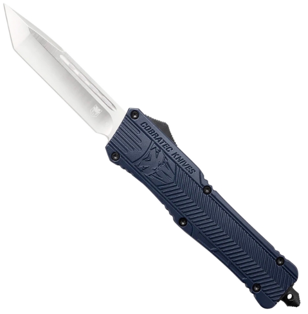 Picture of Cobratec Knives Ctk-1 Large 3.75" Otf Tanto Plain D2 Steel Blade/Nypd Blue Aluminum Handle Features Glass Breaker Includes Pocket Clip 