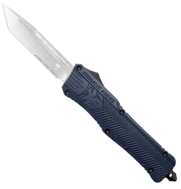 Picture of Cobratec Knives Ctk-1 Large 3.75" Otf Tanto Part Serrated D2 Steel Blade/Nypd Blue Aluminum Handle Features Glass Breaker Includes Pocket Clip 