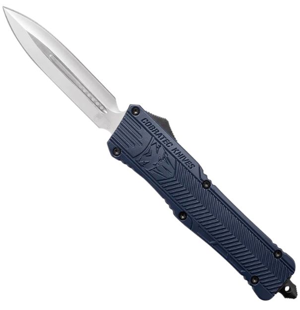 Picture of Cobratec Knives Ctk-1 Large 3.75" Otf Dagger Plain D2 Steel Blade/Nypd Blue Aluminum Handle Features Glass Breaker Includes Pocket Clip 