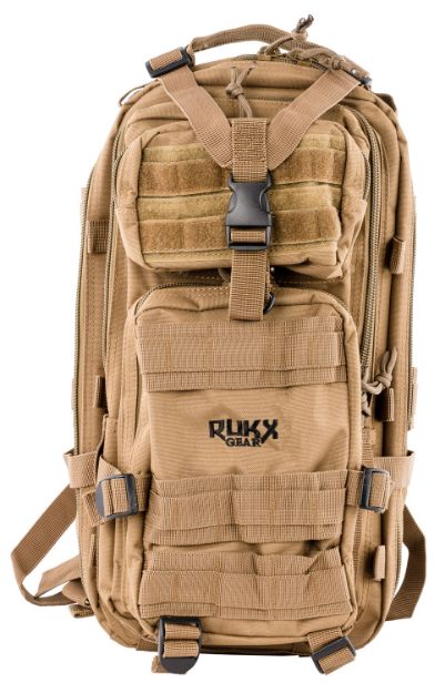 Picture of Rukx Gear Tactical 1 Day Water Resistant Tan 600D Polyester With Molle Webbing, Non-Rust Zippers, Hook & Loop Panel, 5 Storage Areas 18" X 11" X 11" 