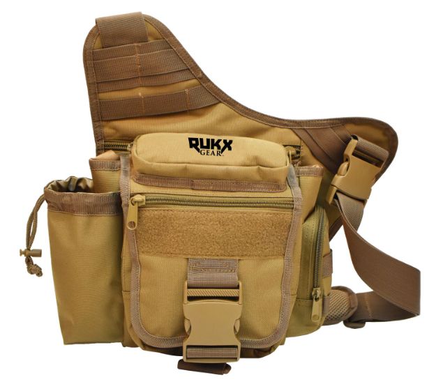 Picture of Rukx Gear Sling Bag Water Resistant Tan 600D Polyester With Single Strap, Adjustable Water Bottle Holder & Padded Compartments 11.50" X 10" X 8" Dimensions 