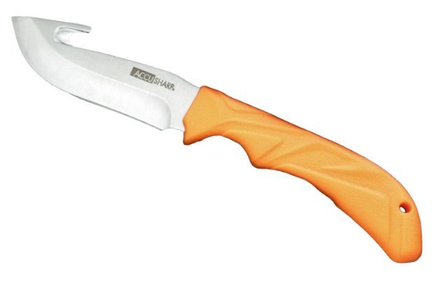 Picture of Accusharp Gut Hook 3.50" Fixed Gut Hook Plain Stainless Steel Blade/Blaze Orange Rubber Handle Includes Belt Carry Pouch 