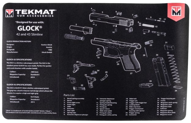 Picture of Tekmat Glock 42/43 Cleaning Mat Black/White Rubber 17" Long Glock 42/43 Parts Diagram 