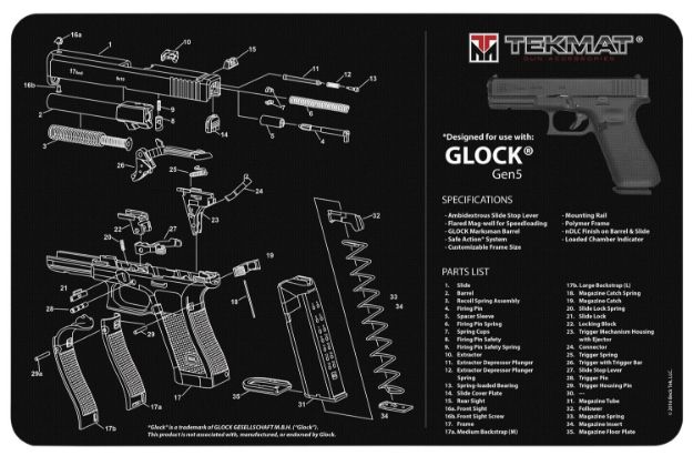 Picture of Tekmat Glock Gen5 Cleaning Mat Black/White Rubber 17" Long Glock Gen5 Parts Diagram 