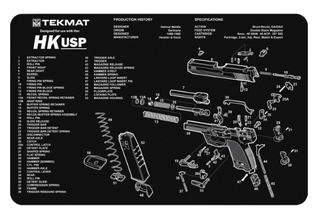 Picture of Tekmat Hk Usp Cleaning Mat Black/White Rubber 17" Long Hk Usp Parts Diagram 