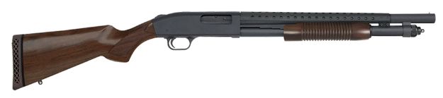 Picture of Mossberg 590 Retrograde Persuader 12 Gauge 6+1 3" 18.50" Heat Shield Barrel, Dual Extractors, Matte Blued Metal Finish, Corncob Forend, Walnut Stock W/Checkered Grip 