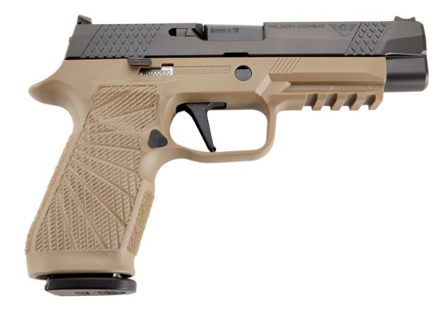 Picture of Wilson Combat P320 9Mm Luger Caliber With 4.70" Barrel, 17+1 Capacity, Tan Finish Picatinny Rail Frame, Serrated Black Dlc Stainless Steel Slide & Polymer Grip 