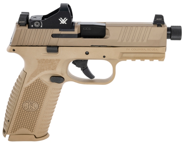 Picture of Fn 509 Tactical 9Mm Luger 17+1/24+1 4.50" Threaded Barrel, Flat Dark Earth Polymer Frame W/Mounting Rail, Optic Cut Fde Stainless Steel Slide, No Manual Safety, Includes Viper Red Dot 