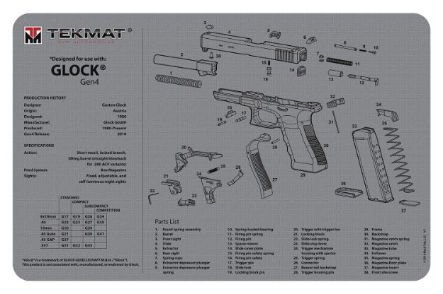 Picture of Tekmat Glock Gen4 Ultra Cleaning Mat Gray Rubber 20" Long Glock Gen4 Parts Diagram 