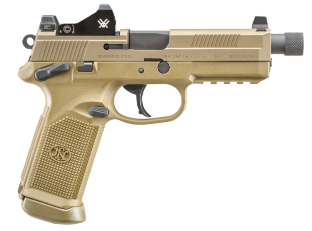 Picture of Fn Fnx Tactical 45 Acp 5.30" Threaded Barrel 15+1, Flat Dark Earth Polymer Frame With Mounting Rail, Optic Cut Fde Stainless Steel Slide, Manual Safety, Includes Viper Red Dot 