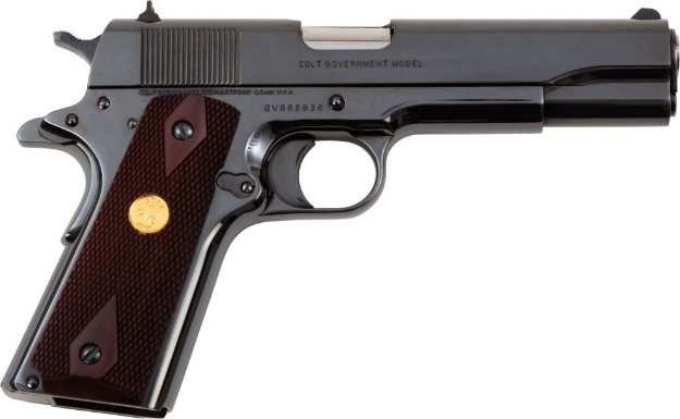 Picture of Colt Mfg O1911c-Rb 1911 Government 45 Acp Caliber With 5" Barrel, 7+1 Capacity, Overall Polished Royal Blued Finish Steel, Serrated Slide, Wood Grip & 70 Series Firing System 