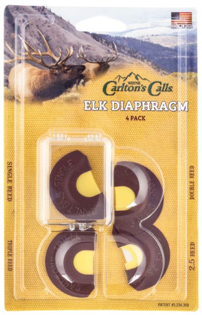 Picture of Wayne Carlton's Calls Essential Elk Diaphragm Call Single/Double/Triple/2.5 Reed Attracts Elk Yellow 4 Per Pkg 