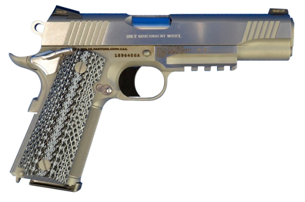 Picture of Colt Mfg 1911 Government 45 Acp 5" 7+1 Overall Stainless Steel Finish Frame & Slide With Double Diamond Checkered Wood Grip & Accessory Rail 