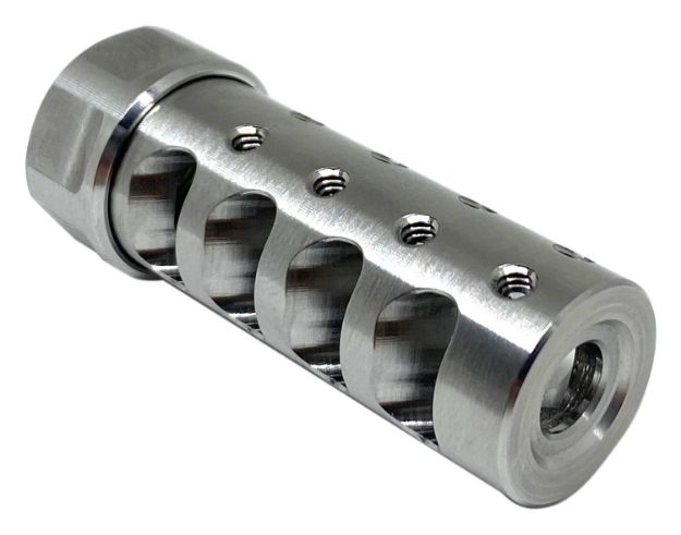 Picture of American Precision Arms The Answer Gen 3 Micro Bastard Brake Stainless Steel With 1/2"-28 Tpi Threads, 2.20" Oal & .600"-.750" Diameter For 223 Rem Ar-Platform & Hunting Rifles 