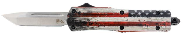 Picture of Templar Knife Wood Us Flag Gen Ii Small 2.69" Otf Tanto Plain Powder Coated 440C Ss Blade/ 4.31" Painted Wood Grain Us Flag Aluminum Handle Features Glass Breaker Includes Pocket Clip/Sheath 