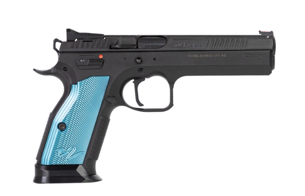 Picture of Cz-Usa Ts 2 9Mm Luger 5.28" 20+1 Overall Black Finish With Inside Railed Steel Slide, Aggressive Checkered Blue Aluminum Grip & Fixed Sights 