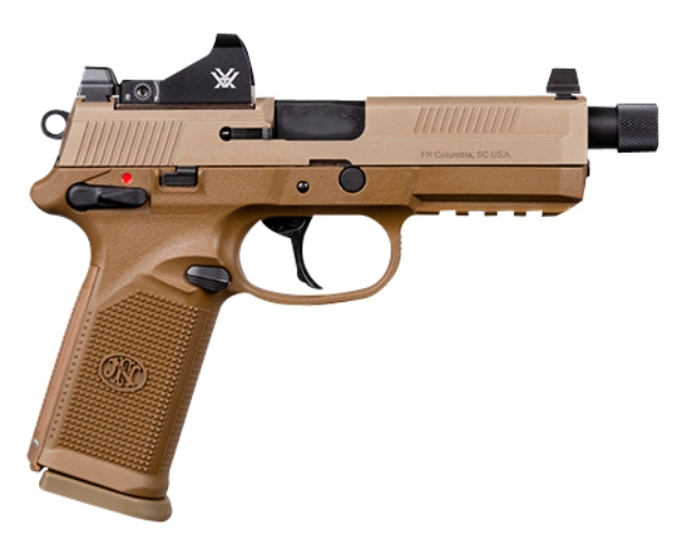 Picture of Fn Fnx Tactical 45 Acp 5.30" Threaded Barrel 10+1, Flat Dark Earth Polymer Frame With Mounting Rail, Optic Cut Fde Stainless Steel Slide, Ambidextrous Safety, Includes Viper Red Dot 