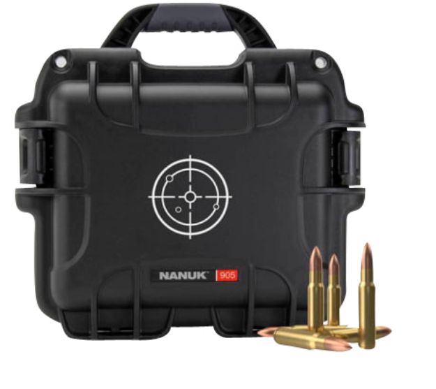 Picture of Nanuk 905 Ammo Case Waterproof Black With White Target Logo Resin & Metal Eyelets Holds 525Rds Of 223 Rem 