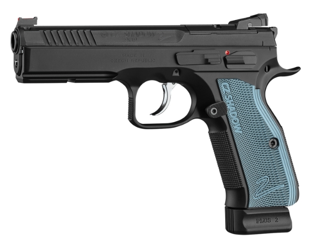 Picture of Cz-Usa Shadow 2 Optics-Ready 9Mm Luger 4.89" 19+1 Overall Black Finish With Inside Railed Steel With Optic Cut Slide, Blue Aluminum Grip, Non-Tilted Barrel & Picatinny Rail 