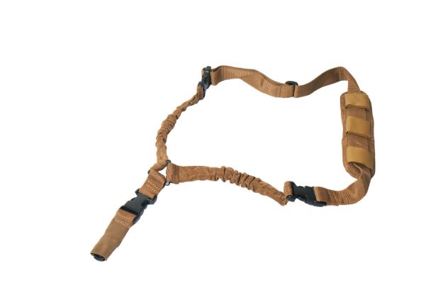 Picture of Rukx Gear Tactical Single Point Sling 1.25" Wide Adjustable Bungee Made Of Tan Nylon With Foam Padding & Side Release Buckles 