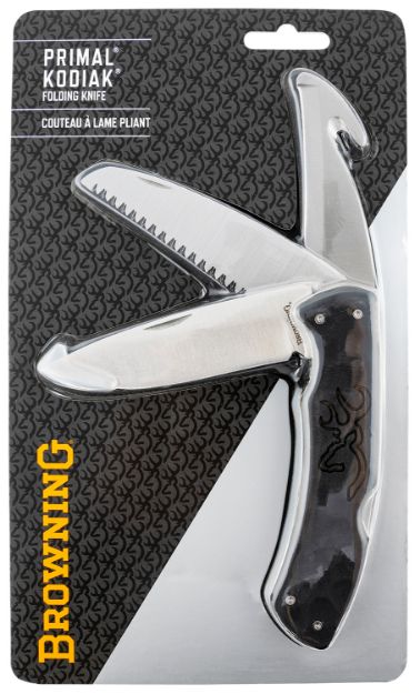 Picture of Browning Primal Kodiak Slim 3.75" Folding Drop Point/Gut Hook/Saw 8Cr13mov Ss Blade Black Polymer W/Rubber Overmold Handle Includes Nylon Belt Pouch 