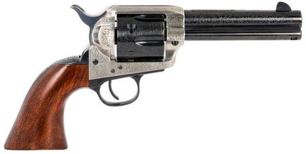 Picture of Taylors & Company 1873 Cattleman 357 Mag Caliber With 4.75" Blued Floral Engraved Finish Barrel, 6Rd Capacity Blued Finish Cylinder, Coin Photo Engraved Finish Steel Frame & Walnut Grip 