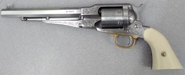 Picture of Taylors & Company 1858 Remington Conversion 45 Colt (Lc) Caliber With 8" Barrel, 6Rd Capacity Cylinder, Overall Nickel-Plated Engraved Finish Steel & 2-Piece Ivory Grip 