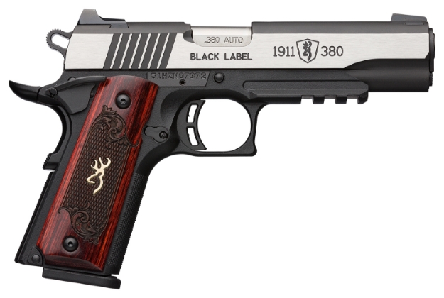 Picture of Browning 1911-380 Black Label Medallion Pro 380 Acp 4.25" 8+1 Matte Black Stainless Steel W/Matte Black Accents Slide Rosewood W/Gold Buckmark Inlay Grip Fixed Night Sights W/Picatinny Rail 